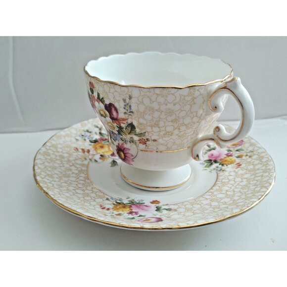 CAULDON tea cup and saucer floral painted rose chintz teacup England 1940s - Picture 11 of 14